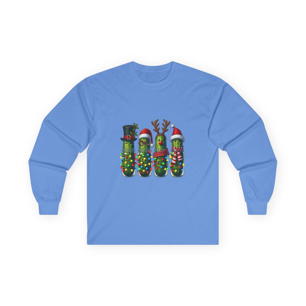 Long Sleeve Tee - Christmas Pickle Family with Santa Hat & Reindeer Holiday Design
