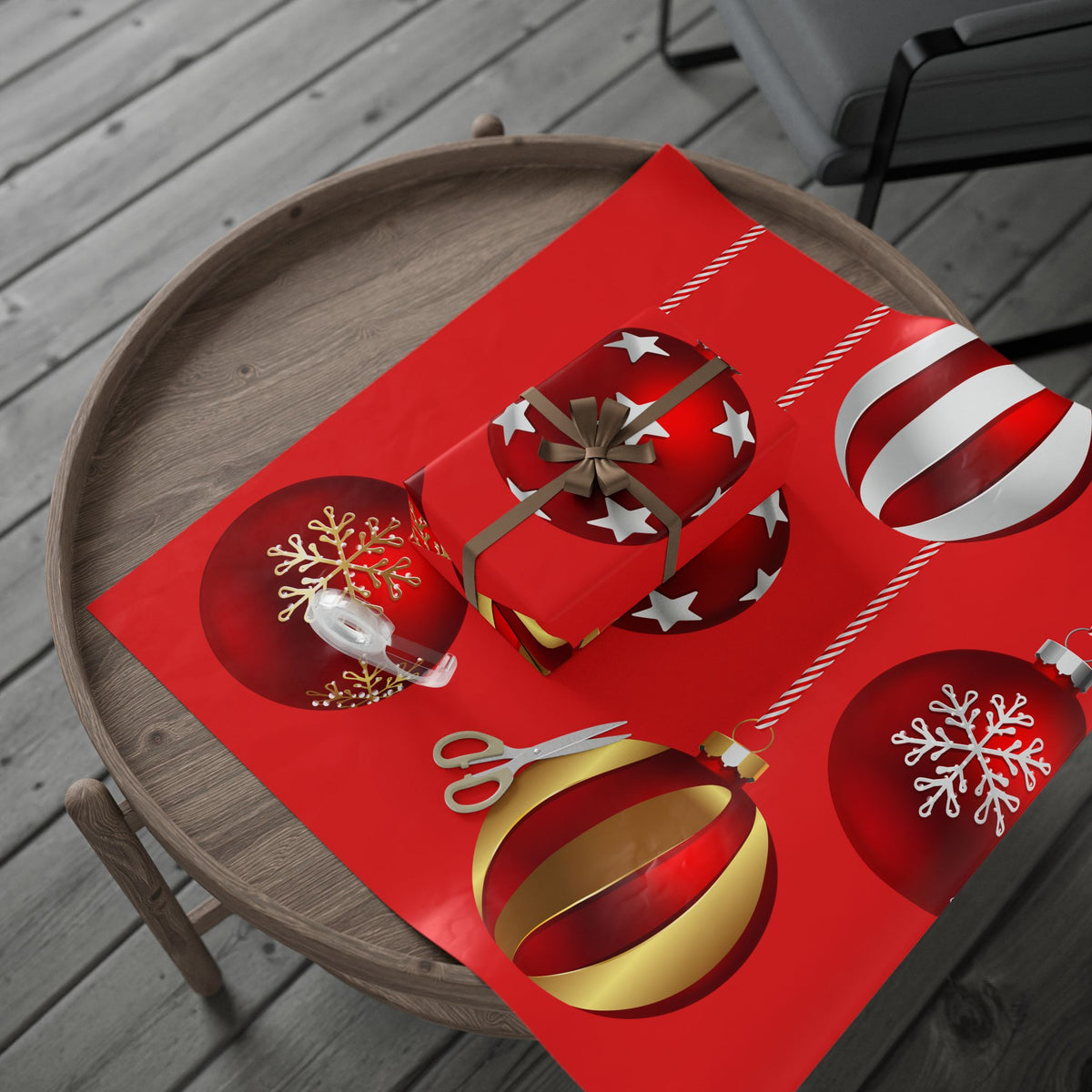 Christmas Ornament Wrapping Paper – Red Holiday Gift Wrap with Hanging Baubles