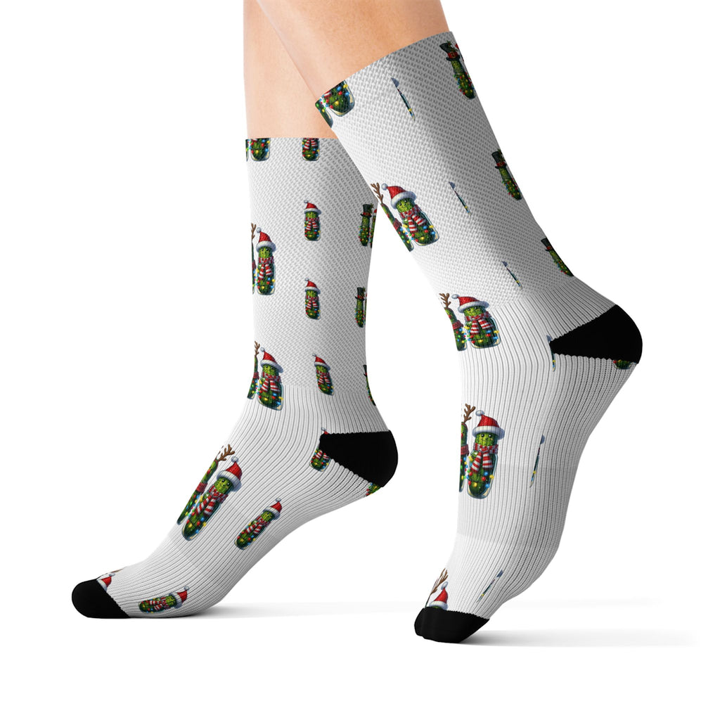 Christmas Pickle Socks — Novelty Holiday Sublimation Socks with Pickle Ornament Pattern