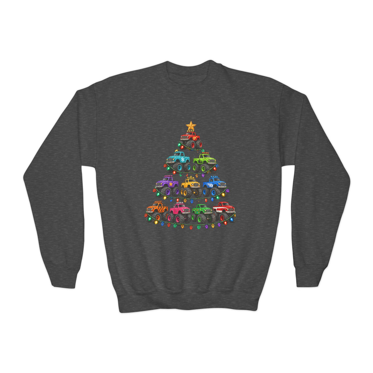 Youth Crewneck Sweatshirt — Colorful Monster Truck Christmas Tree Holiday Sweatshirt
