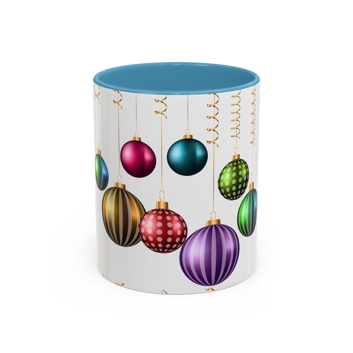Holiday Ornament Accent Coffee Mug — Colorful Hanging Baubles 11/15oz