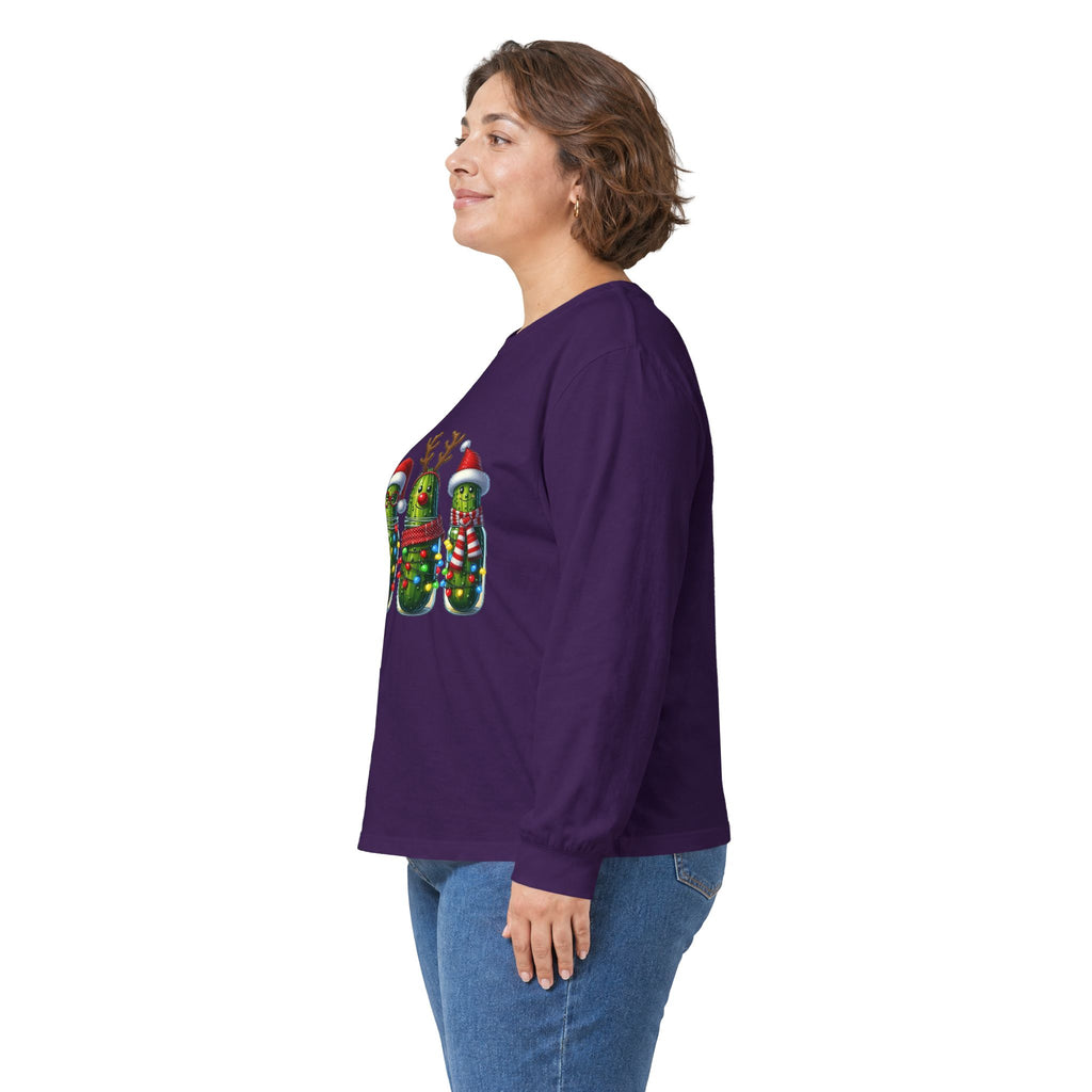 Long Sleeve Tee - Christmas Pickle Family with Santa Hat & Reindeer Holiday Design