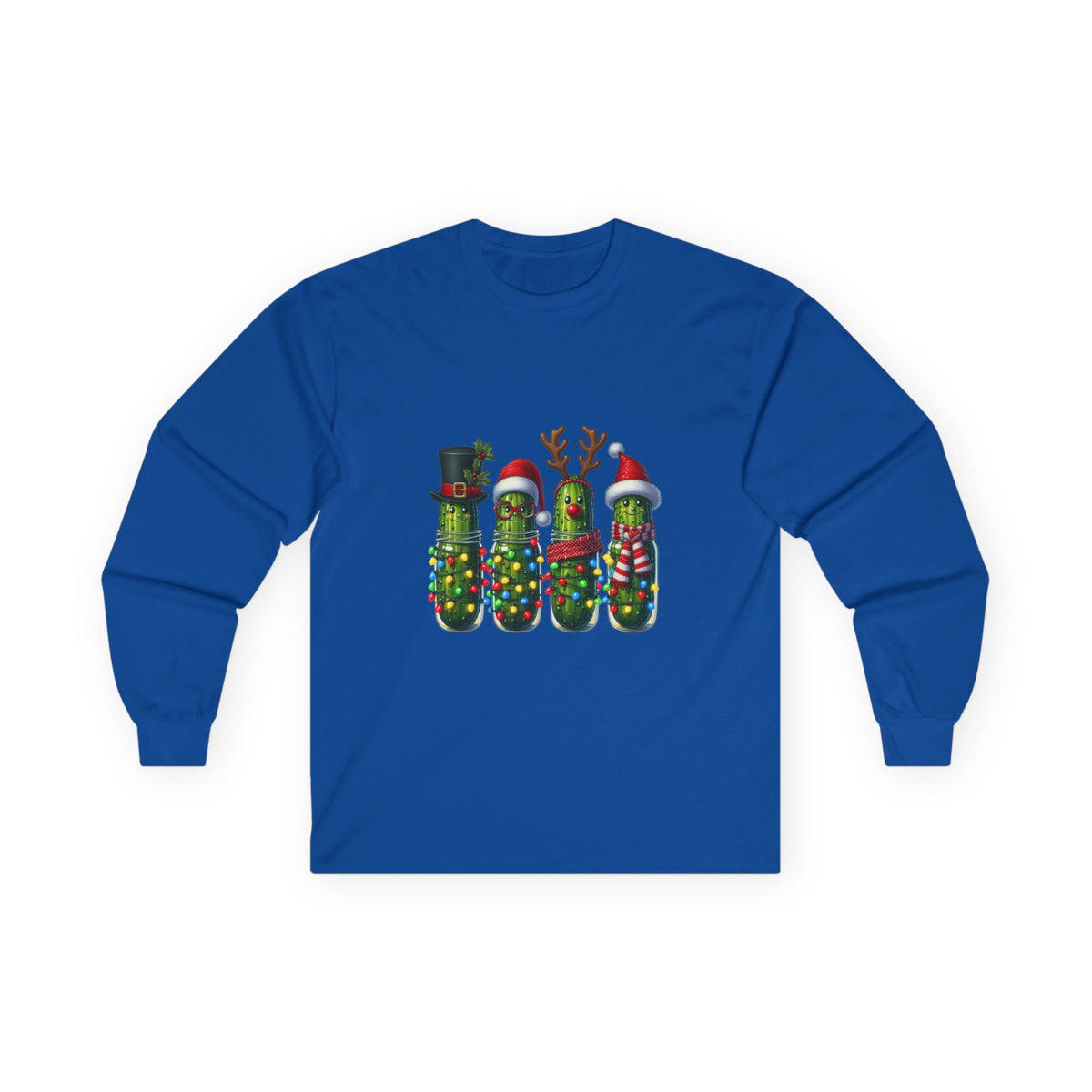 Long Sleeve Tee - Christmas Pickle Family with Santa Hat & Reindeer Holiday Design