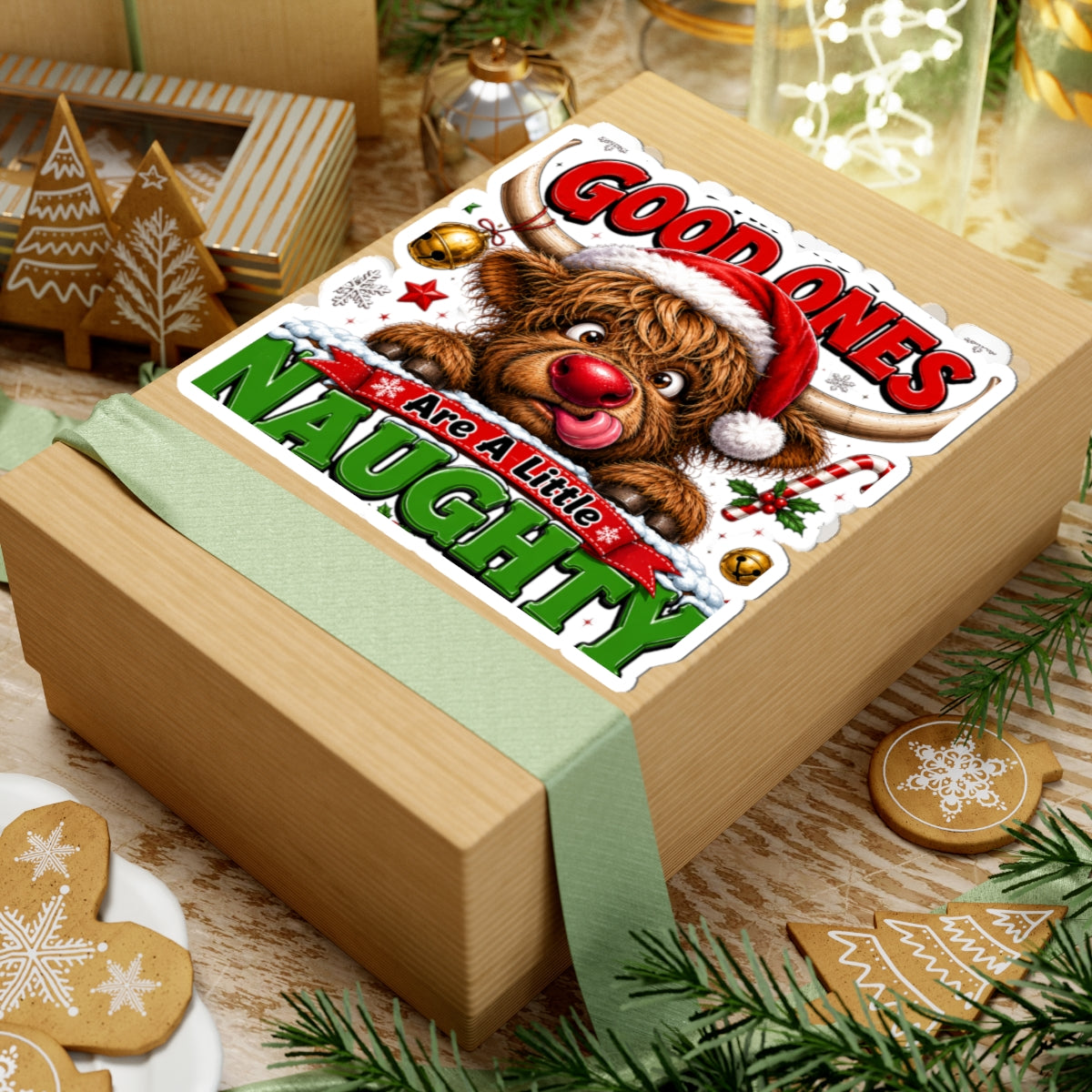 Holiday Sticker — 'Good Ones Are A Little Naughty' Cute Santa Cow Kiss-Cut Sticker