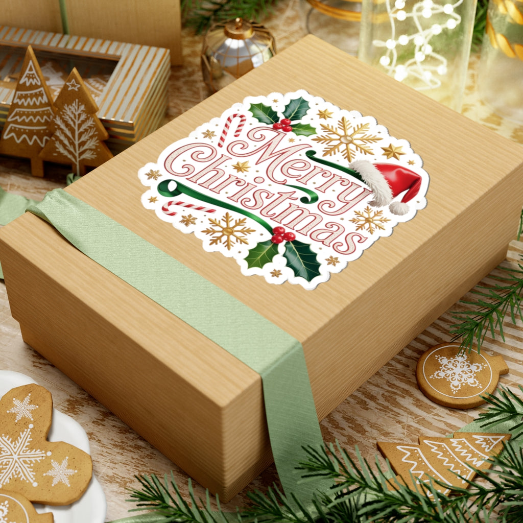 Merry Christmas Holiday Sticker — Festive Santa Hat & Holly Kiss-Cut Sticker