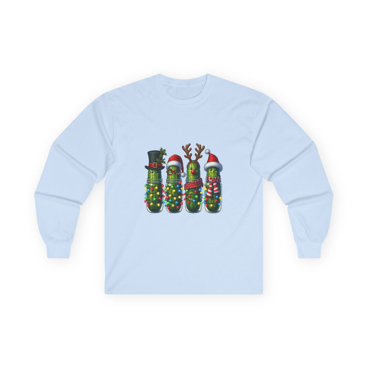 Long Sleeve Tee - Christmas Pickle Family with Santa Hat & Reindeer Holiday Design