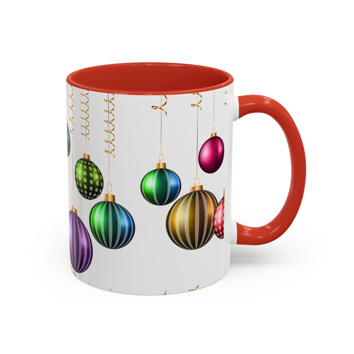 Holiday Ornament Accent Coffee Mug — Colorful Hanging Baubles 11/15oz