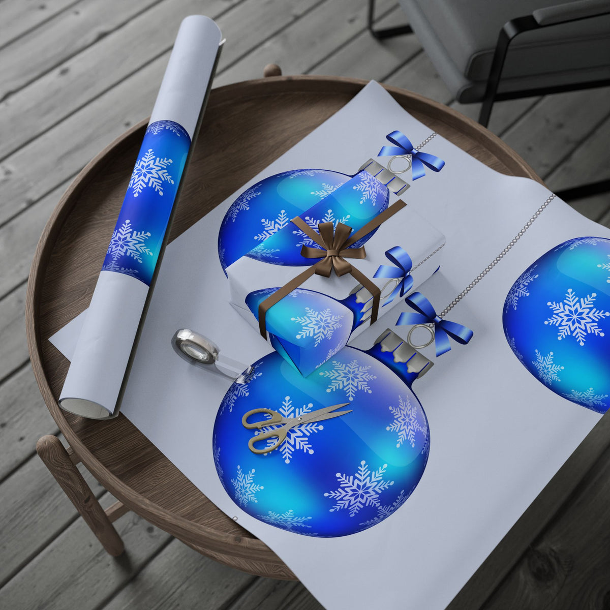 Blue Ornament Wrapping Paper - Holiday Christmas Gift Wrap with Blue Baubles Pattern