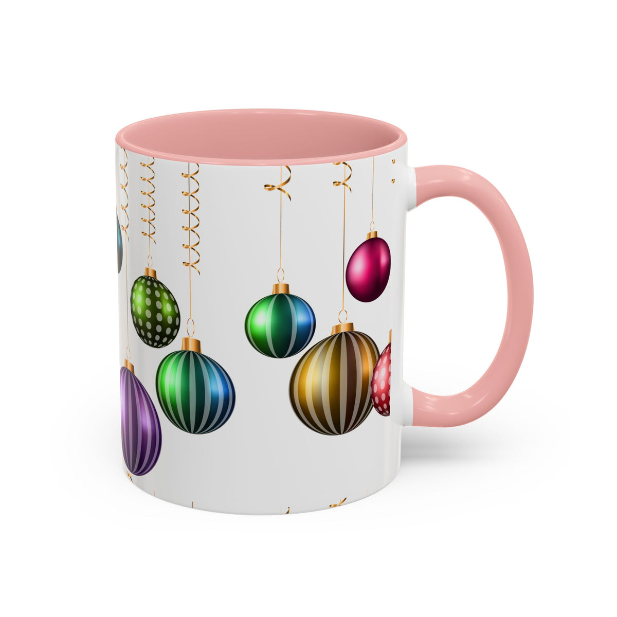 Holiday Ornament Accent Coffee Mug — Colorful Hanging Baubles 11/15oz