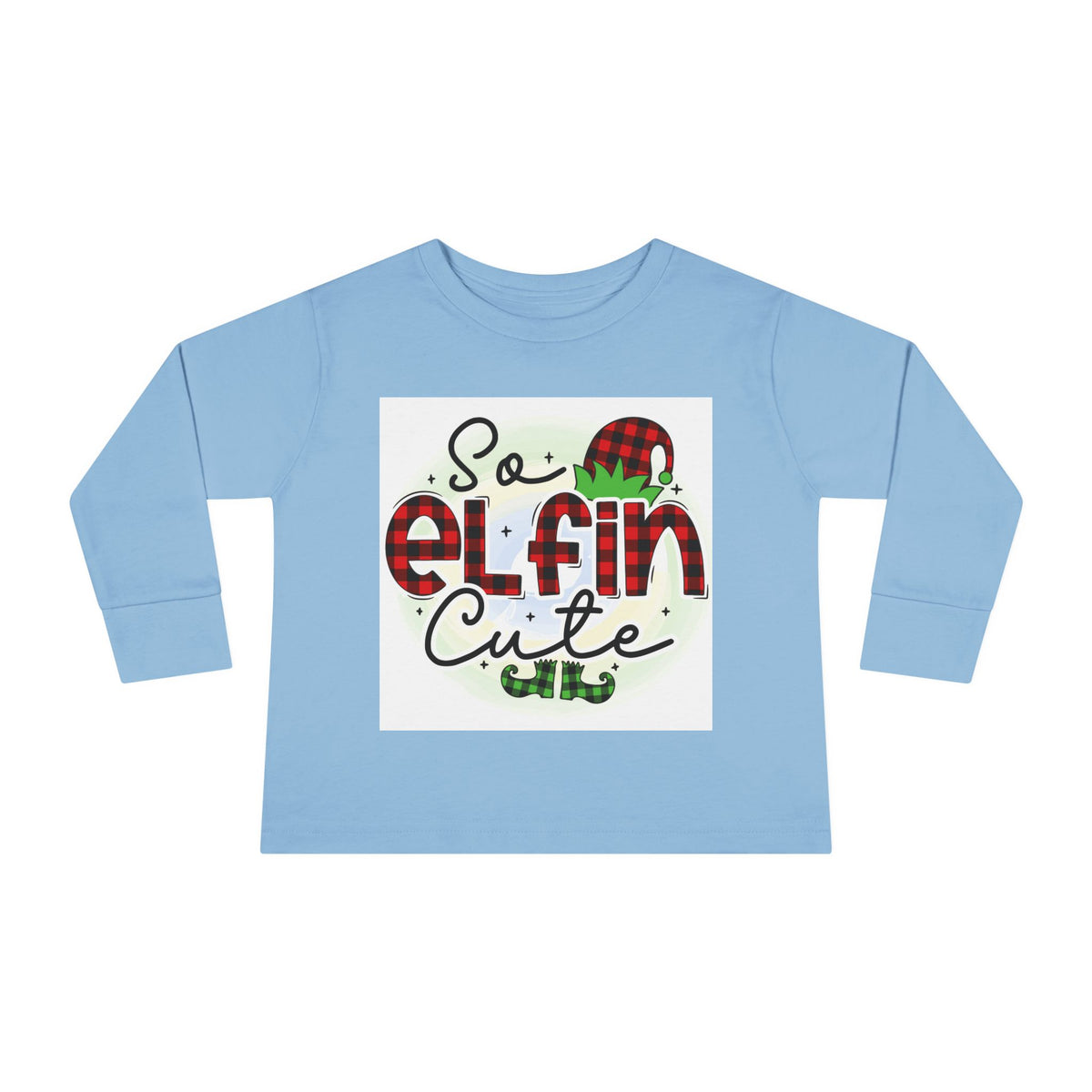 So Elfin Cute Toddler Long Sleeve Tee - Plaid Elf Hat Christmas Shirt