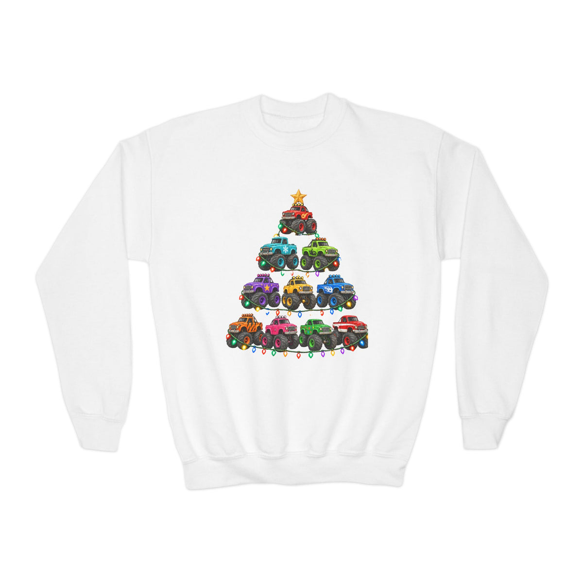 Youth Crewneck Sweatshirt — Colorful Monster Truck Christmas Tree Holiday Sweatshirt