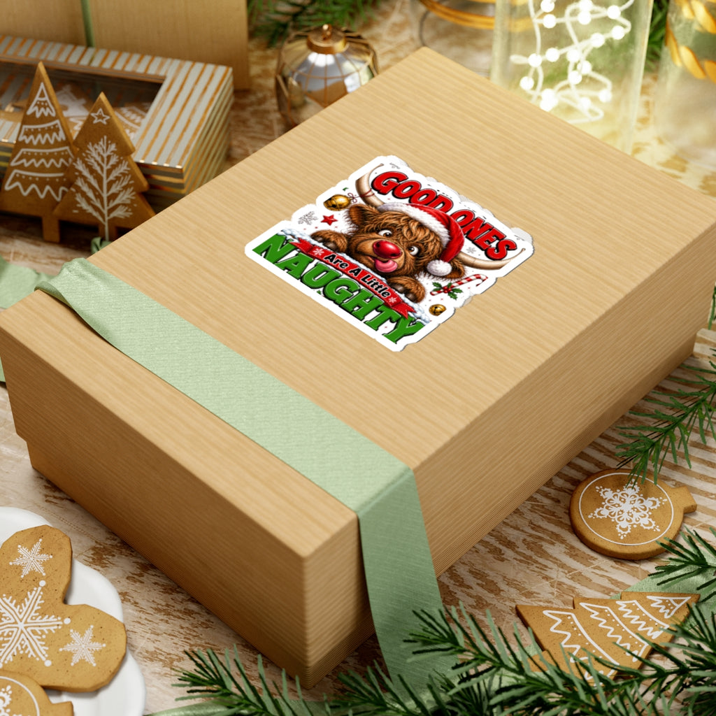 Holiday Sticker — 'Good Ones Are A Little Naughty' Cute Santa Cow Kiss-Cut Sticker