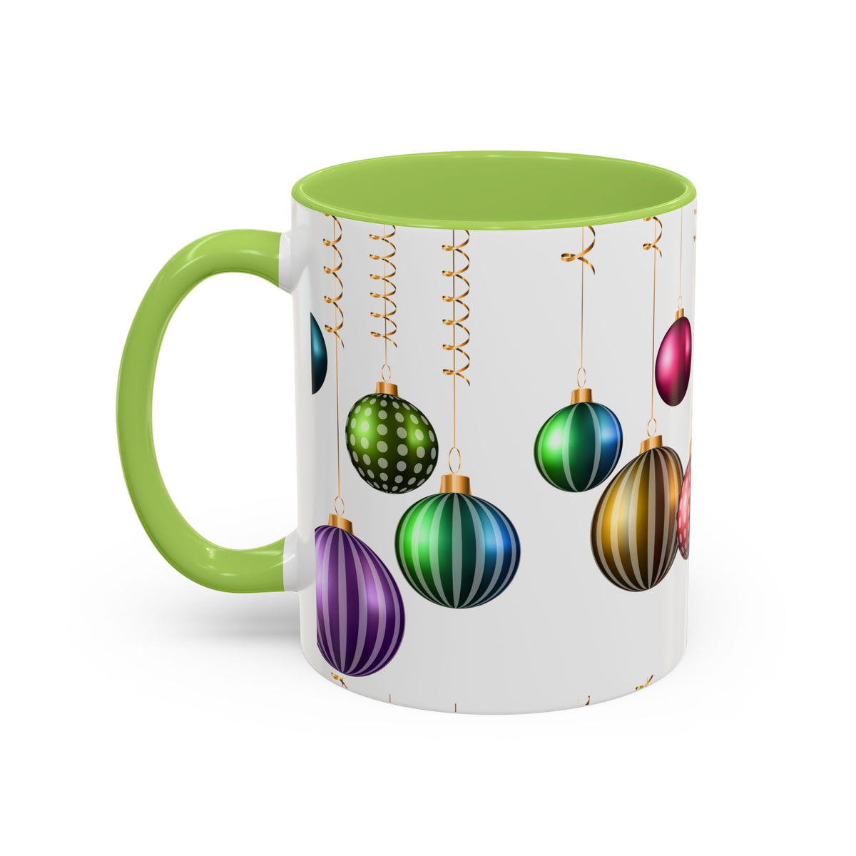 Holiday Ornament Accent Coffee Mug — Colorful Hanging Baubles 11/15oz