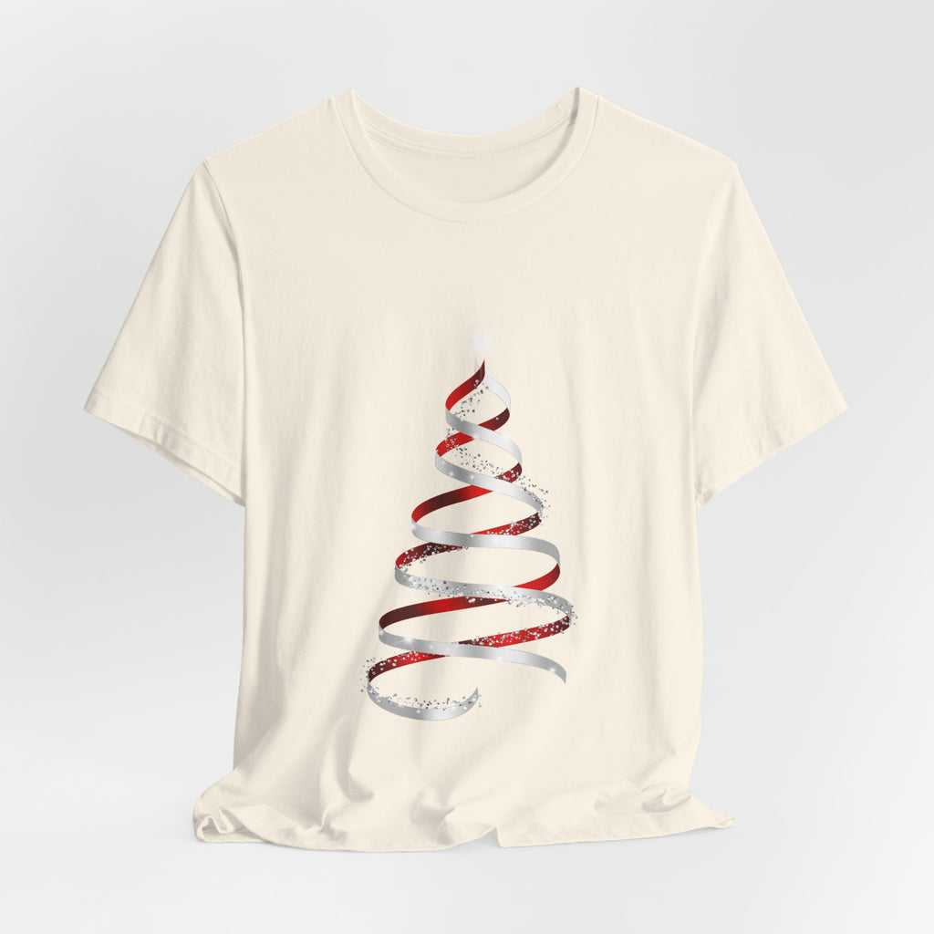 Christmas Ribbon Tree T-Shirt — Minimal Red & White Holiday Tee
