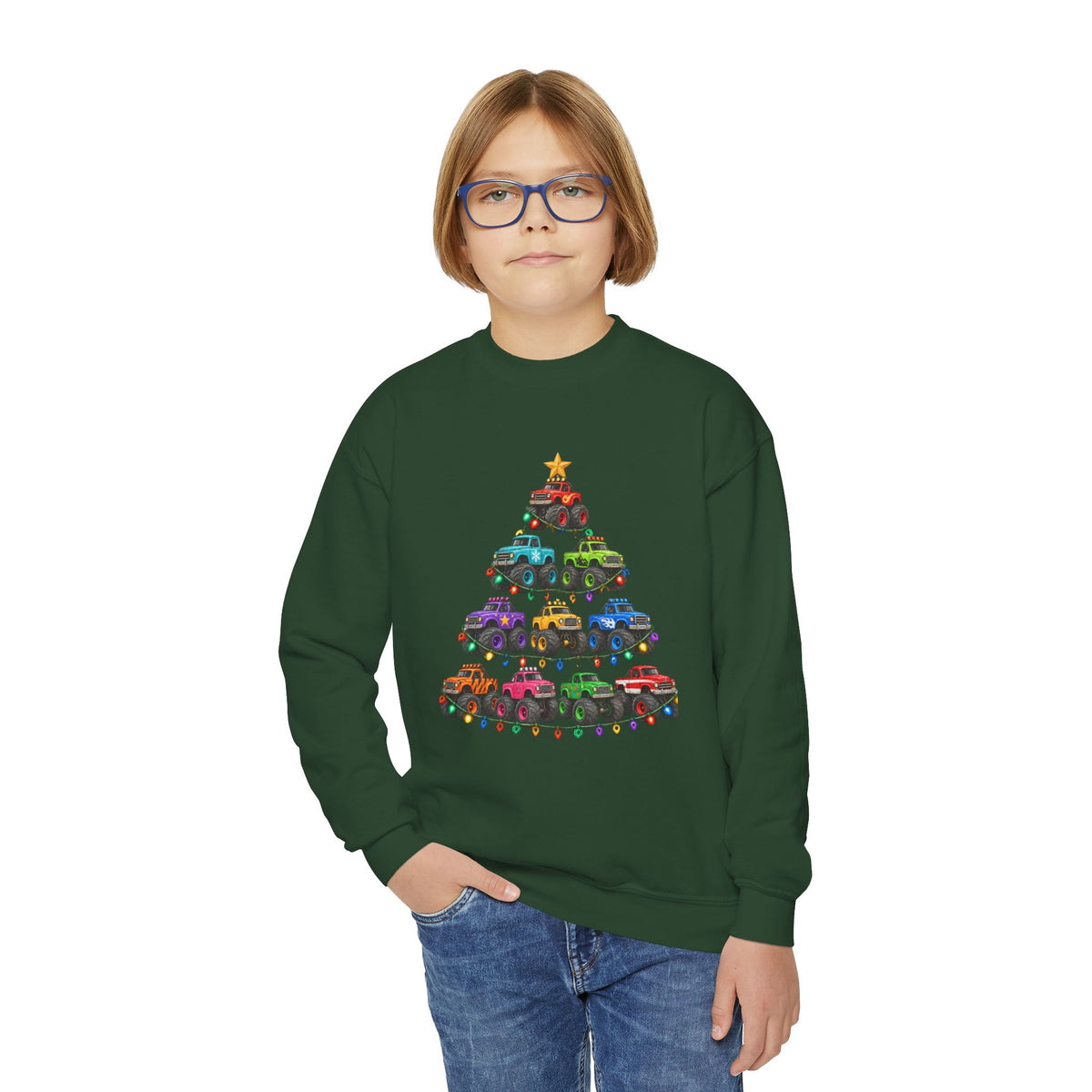 Youth Crewneck Sweatshirt — Colorful Monster Truck Christmas Tree Holiday Sweatshirt