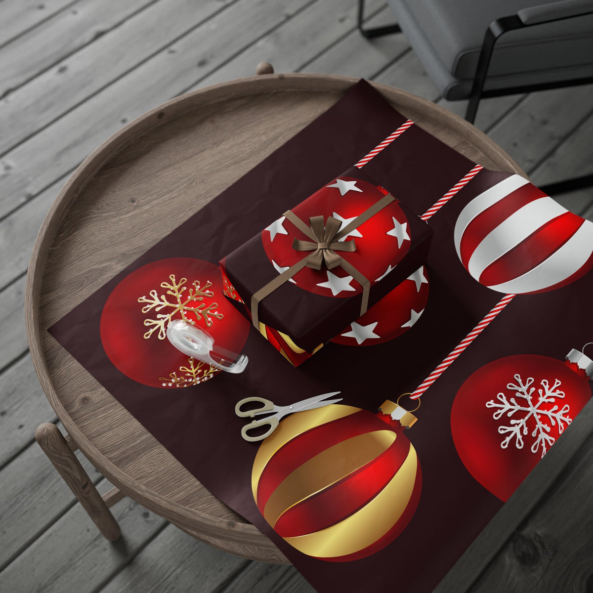 Christmas Ornament Wrapping Paper – Red & Gold Holiday Gift Wrap Roll