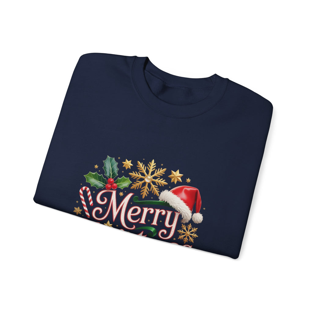 Merry Christmas Crewneck Sweatshirt — Festive Santa Hat & Holly Holiday Pullover