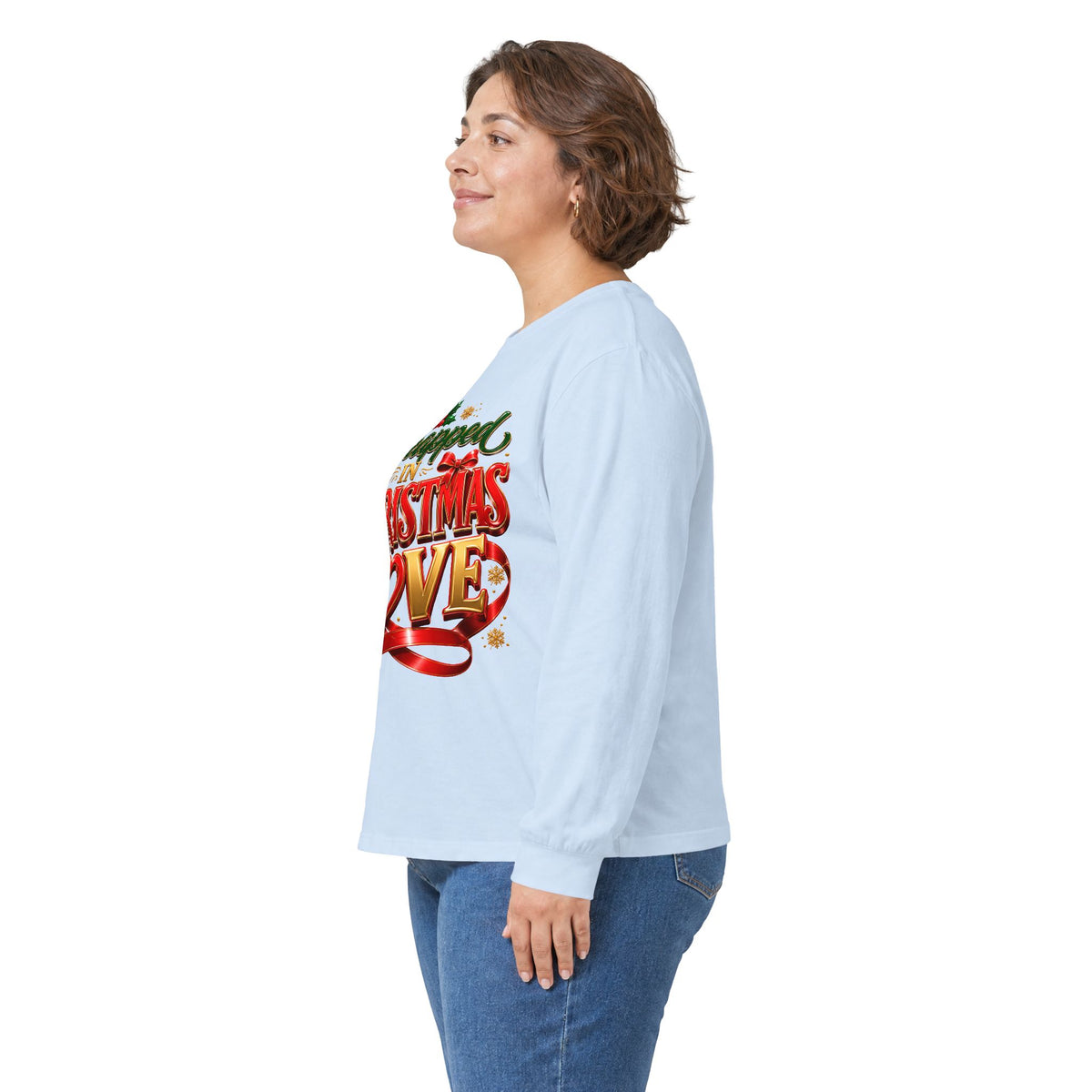 Long Sleeve Tee — "Wrapped in Christmas Love" Holiday Graphic Shirt