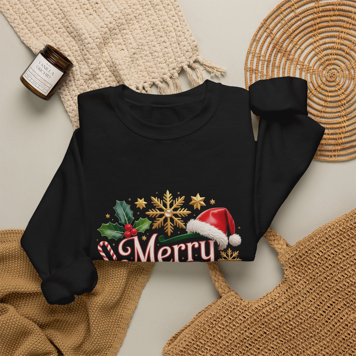 Merry Christmas Crewneck Sweatshirt — Festive Santa Hat & Holly Holiday Pullover