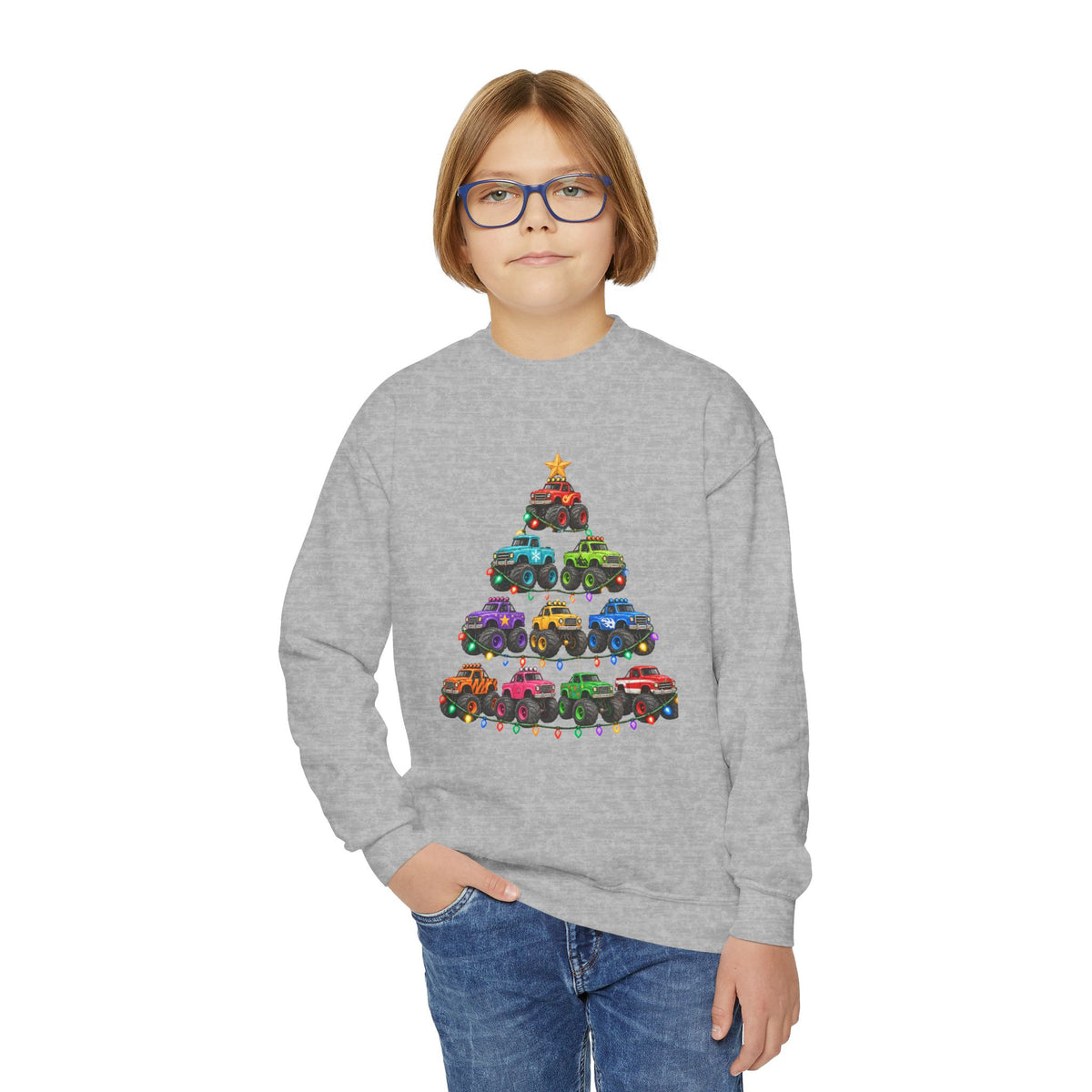 Youth Crewneck Sweatshirt — Colorful Monster Truck Christmas Tree Holiday Sweatshirt