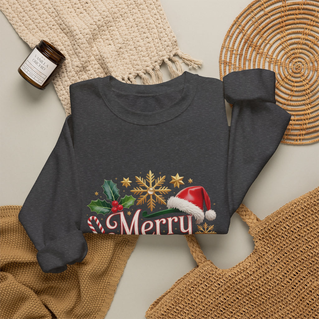 Merry Christmas Crewneck Sweatshirt — Festive Santa Hat & Holly Holiday Pullover