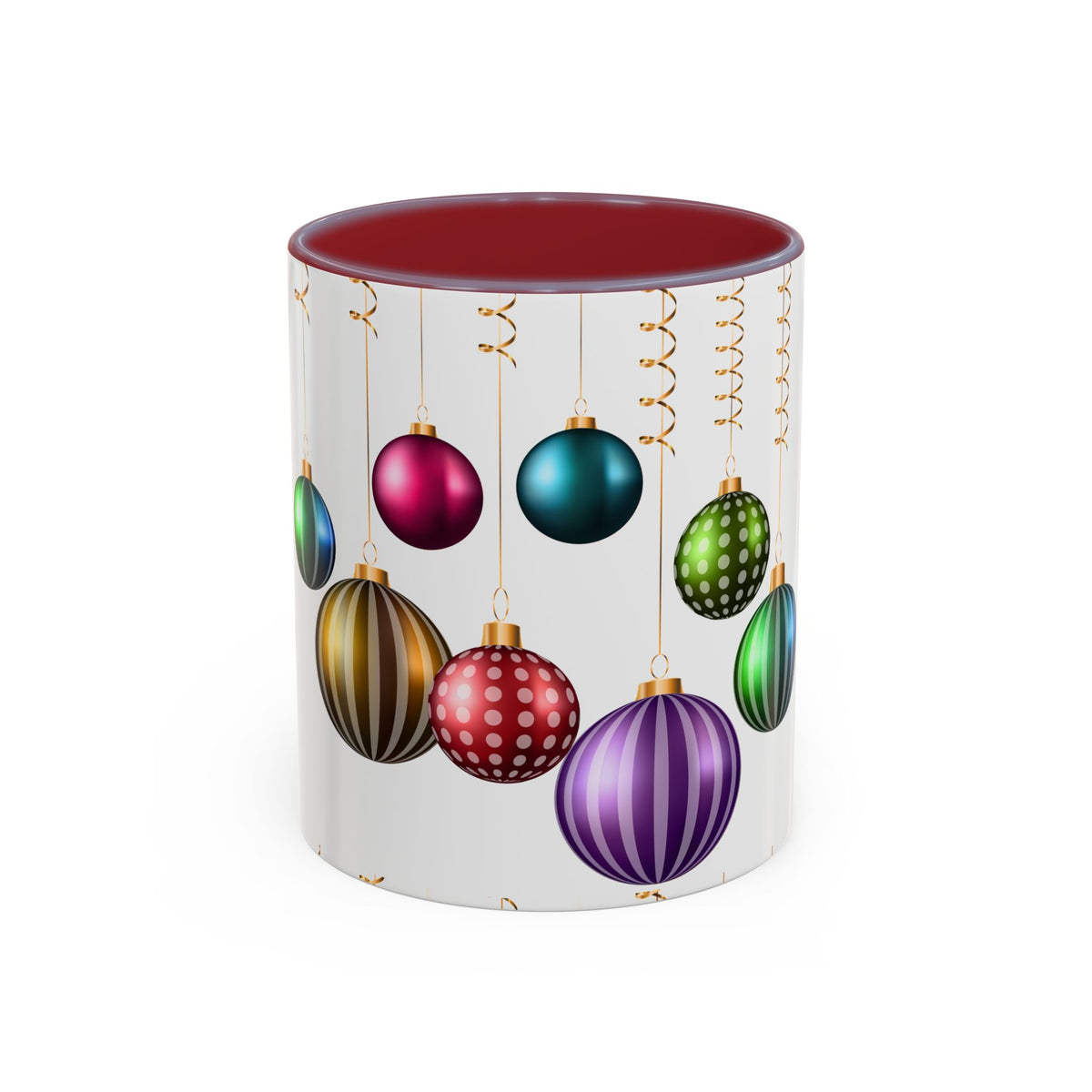 Holiday Ornament Accent Coffee Mug — Colorful Hanging Baubles 11/15oz