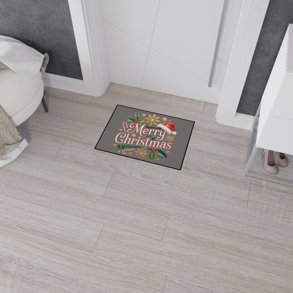 Merry Christmas Heavy Duty Floor Mat — Festive Holiday Door Mat with Santa Hat & Holly