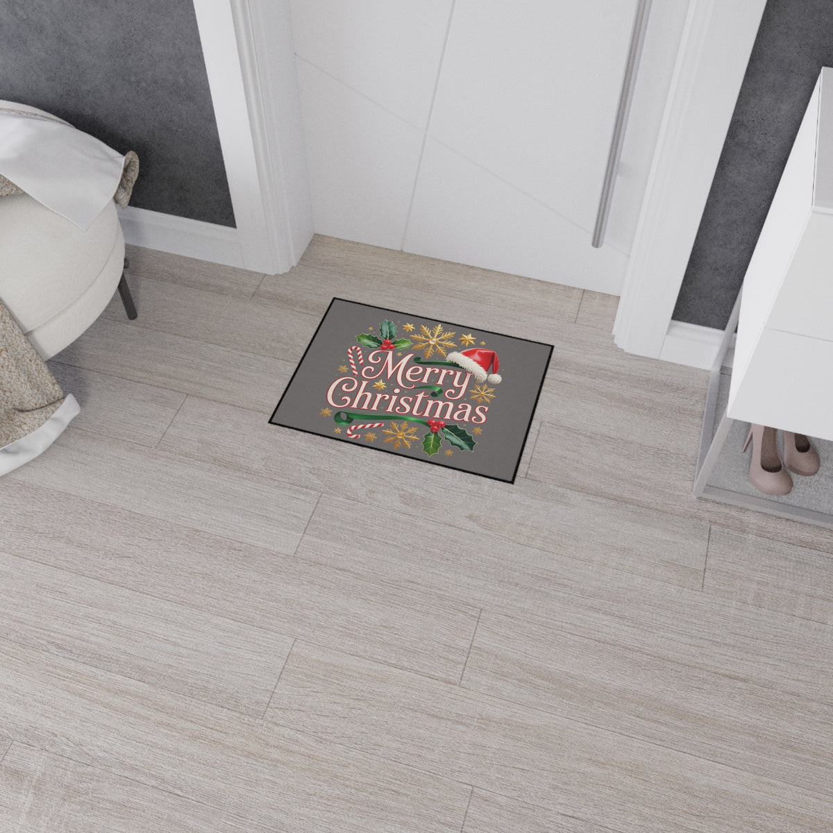 Merry Christmas Heavy Duty Floor Mat — Festive Holiday Door Mat with Santa Hat & Holly