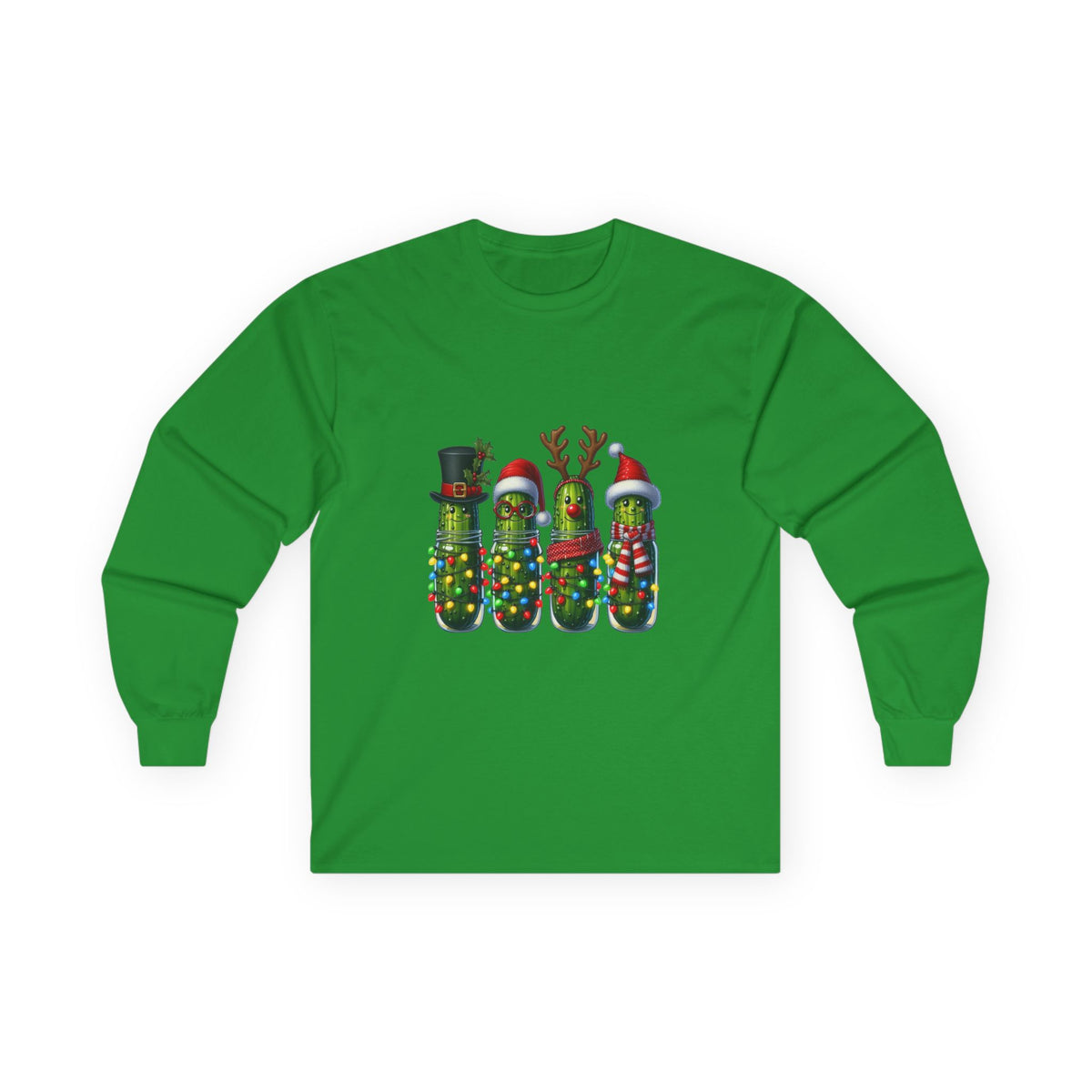 Long Sleeve Tee - Christmas Pickle Family with Santa Hat & Reindeer Holiday Design