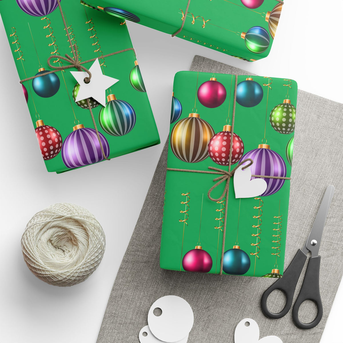 Christmas Ornament Wrapping Paper - Green Holiday Gift Wrap with Vintage Baubles