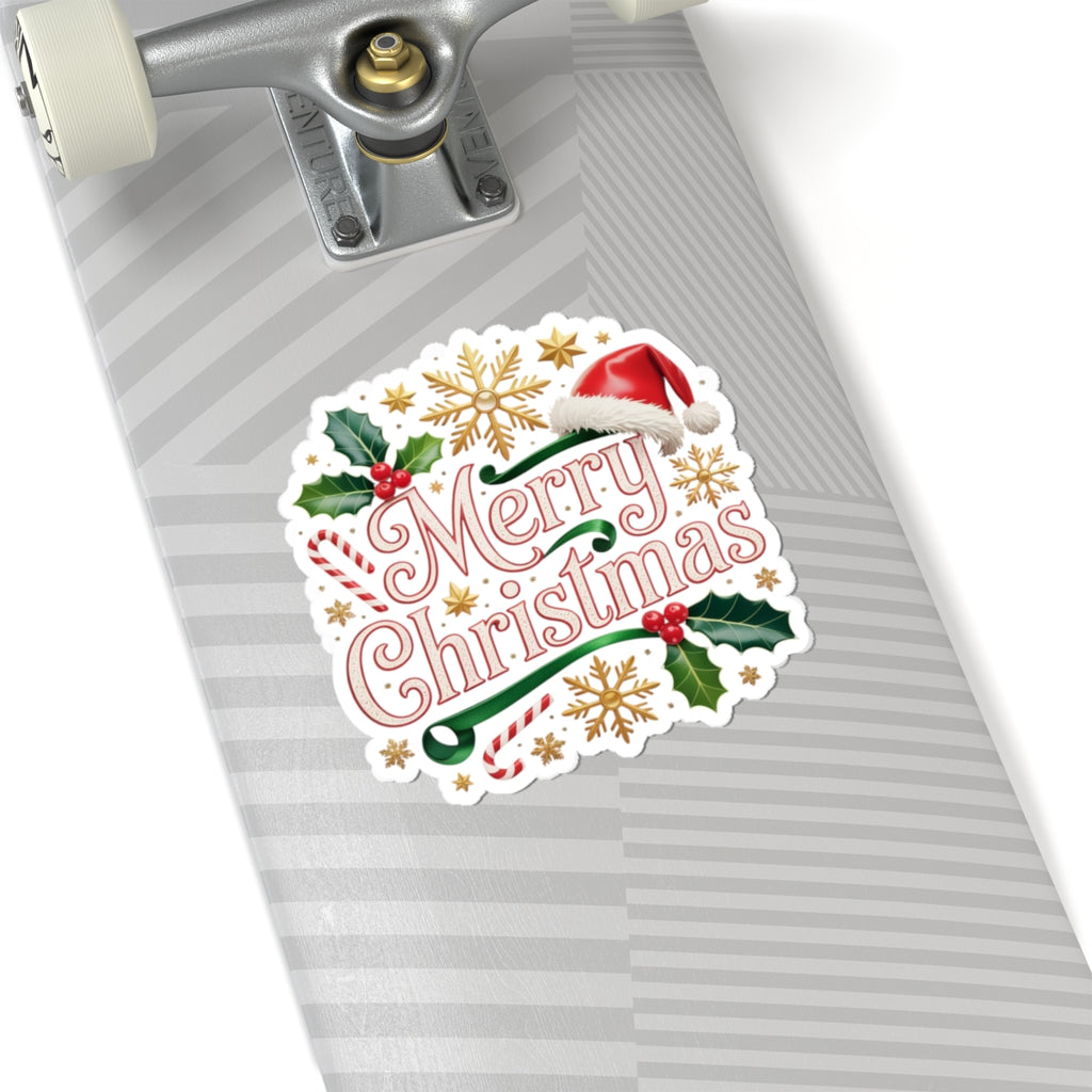 Merry Christmas Holiday Sticker — Festive Santa Hat & Holly Kiss-Cut Sticker