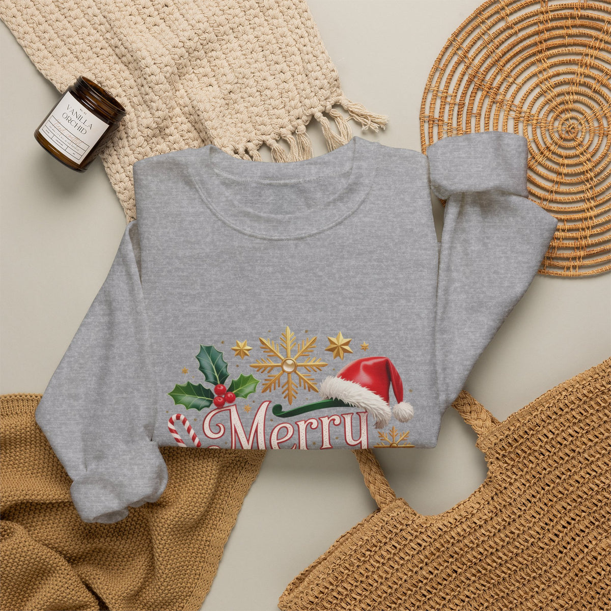 Merry Christmas Sweatshirt - Festive Holiday Crewneck with Santa Hat & Holly