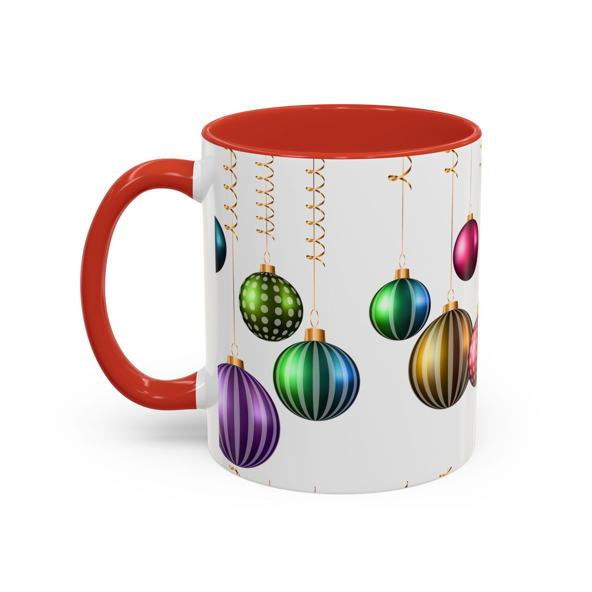 Holiday Ornament Accent Coffee Mug — Colorful Hanging Baubles 11/15oz
