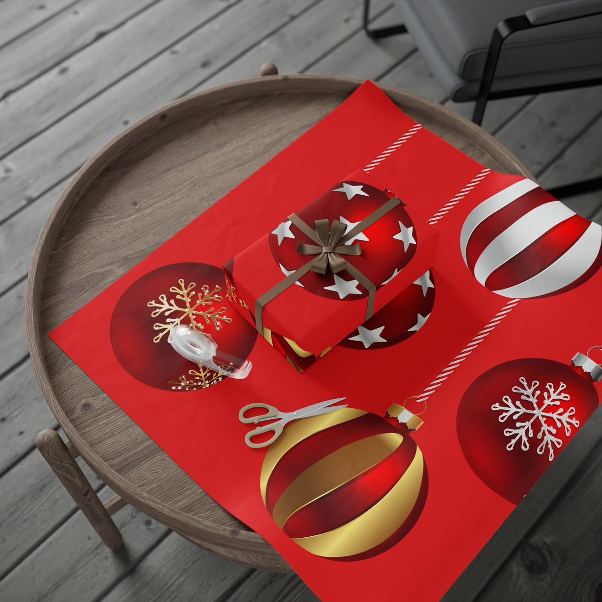 Christmas Ornament Wrapping Paper – Red Holiday Gift Wrap with Hanging Baubles