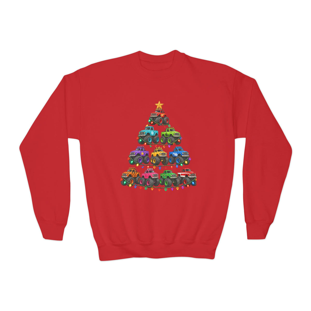 Youth Crewneck Sweatshirt — Colorful Monster Truck Christmas Tree Holiday Sweatshirt