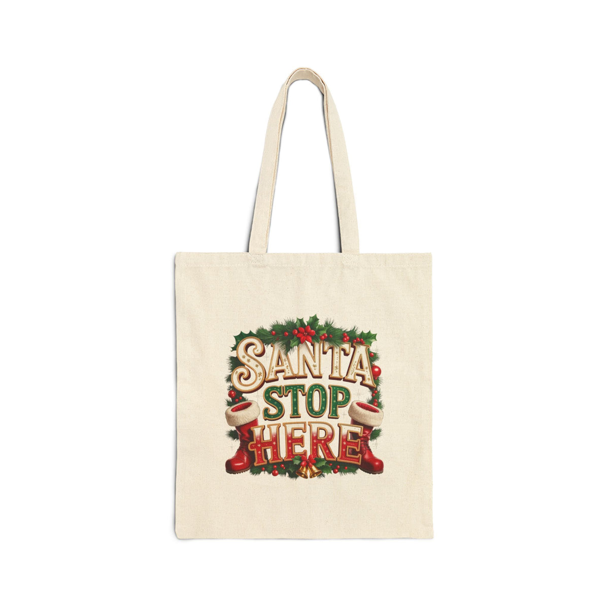 Santa Stop Here Tote Bag — Christmas Holiday Canvas Gift Bag