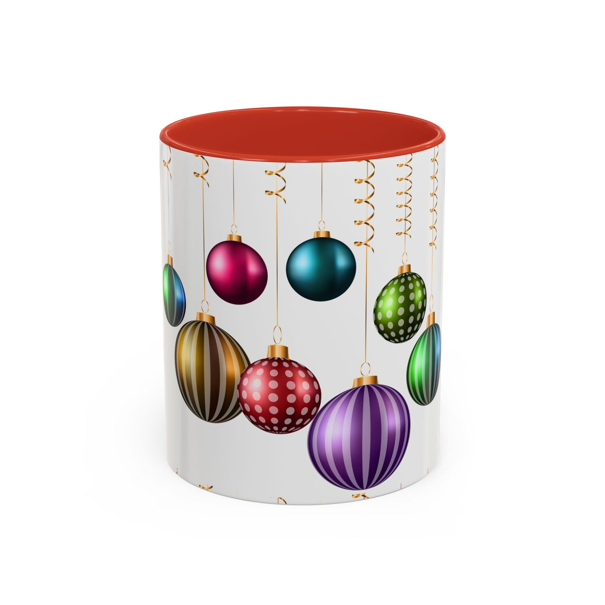 Holiday Ornament Accent Coffee Mug — Colorful Hanging Baubles 11/15oz
