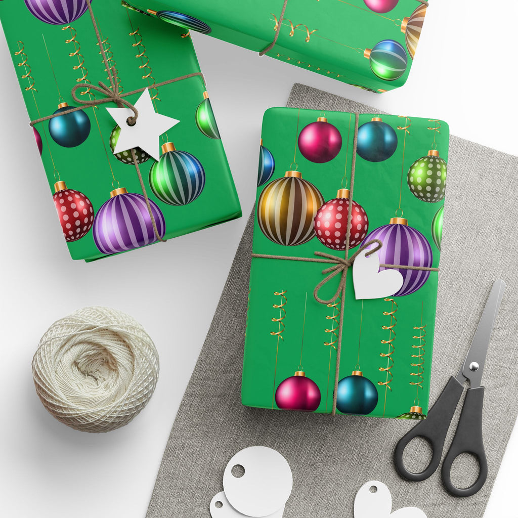 Christmas Ornament Wrapping Paper - Green Holiday Gift Wrap with Vintage Baubles