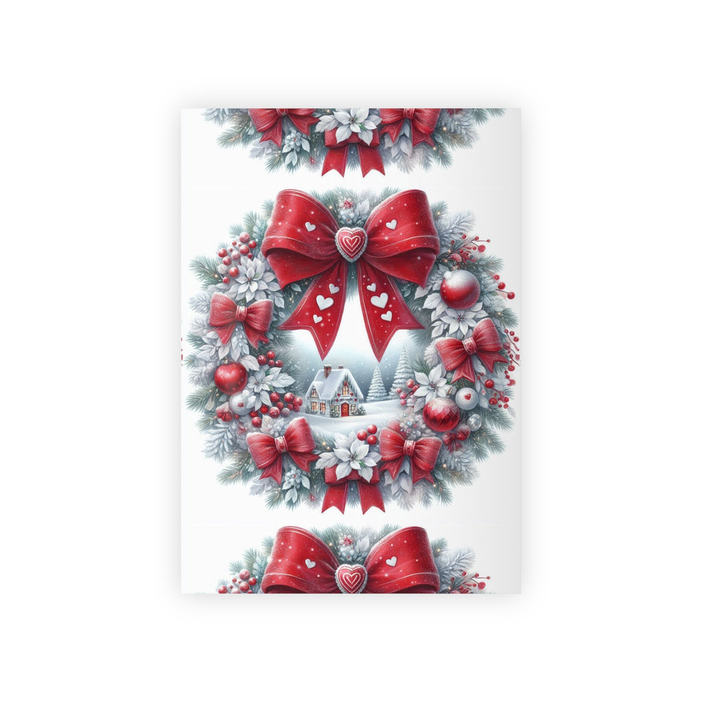 Christmas Wreath Gift Wrap Roll — Red Bow & Snowy Cottage Holiday Wrapping Paper