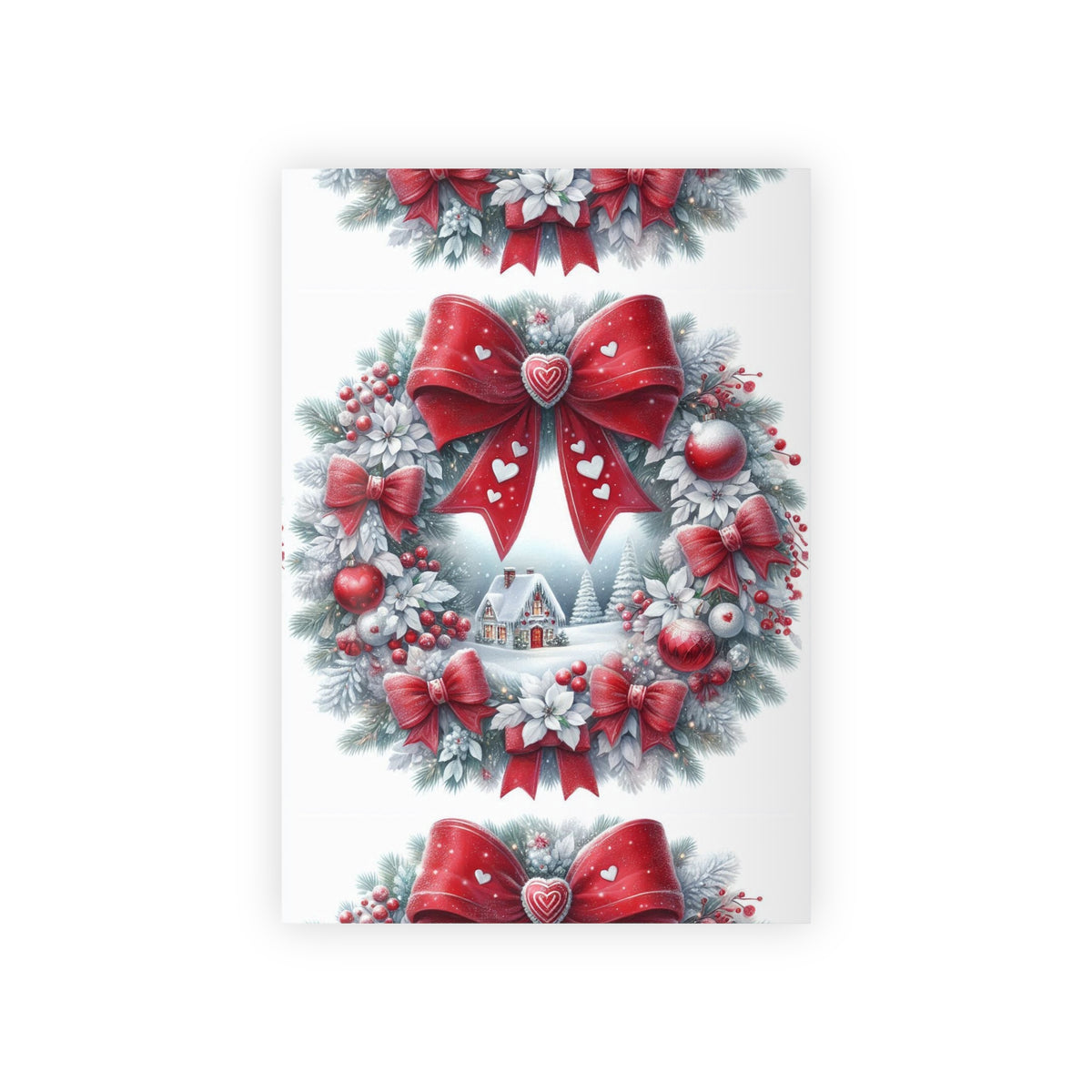 Christmas Wreath Gift Wrap Roll — Red Bow & Snowy Cottage Holiday Wrapping Paper