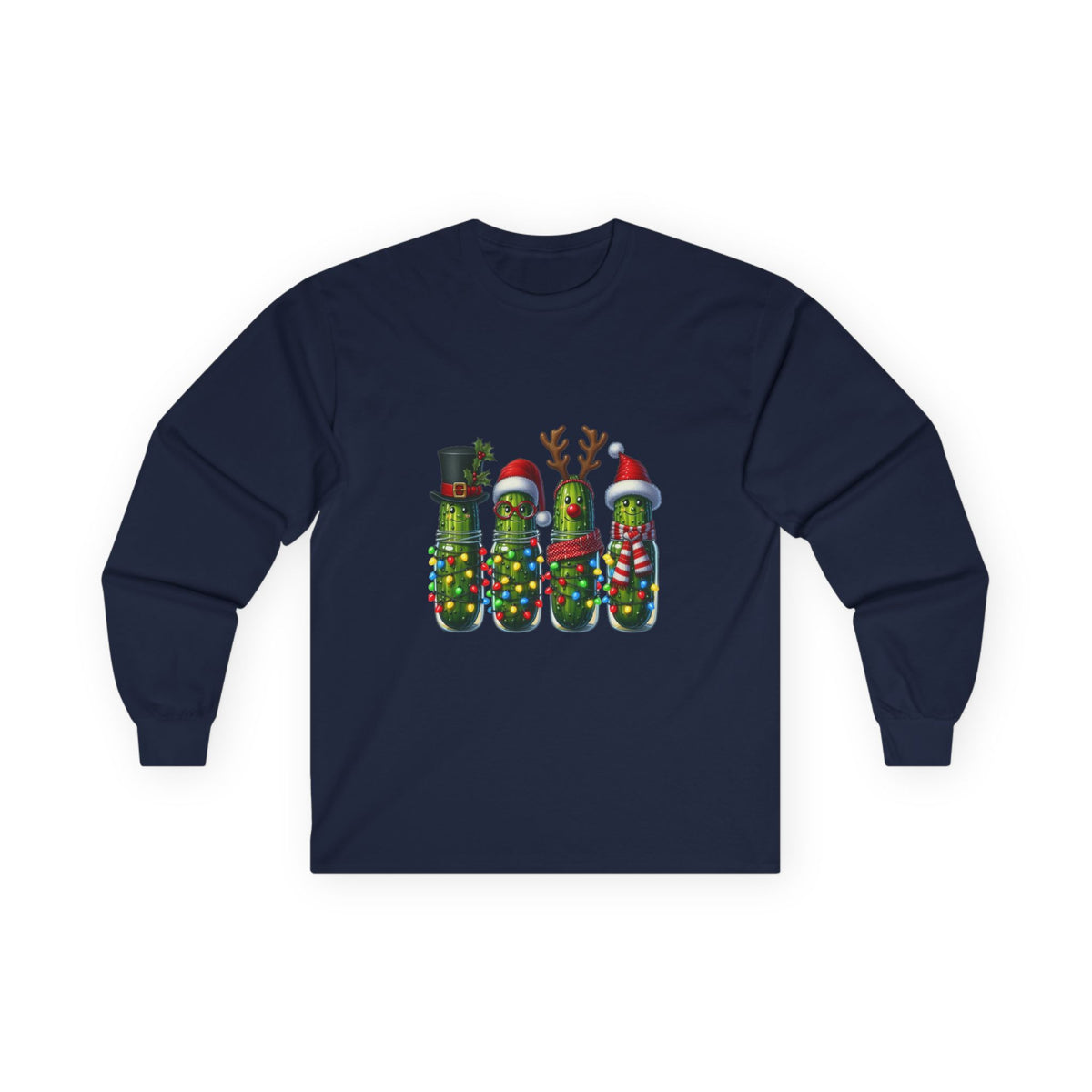 Long Sleeve Tee - Christmas Pickle Family with Santa Hat & Reindeer Holiday Design