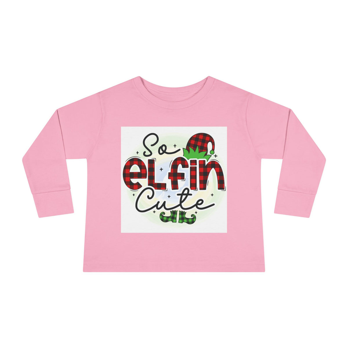 So Elfin Cute Toddler Long Sleeve Tee - Plaid Elf Hat Christmas Shirt