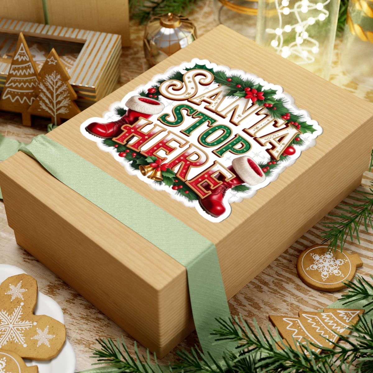 Santa Stop Here Kiss-Cut Sticker — Festive Christmas Holiday Decal