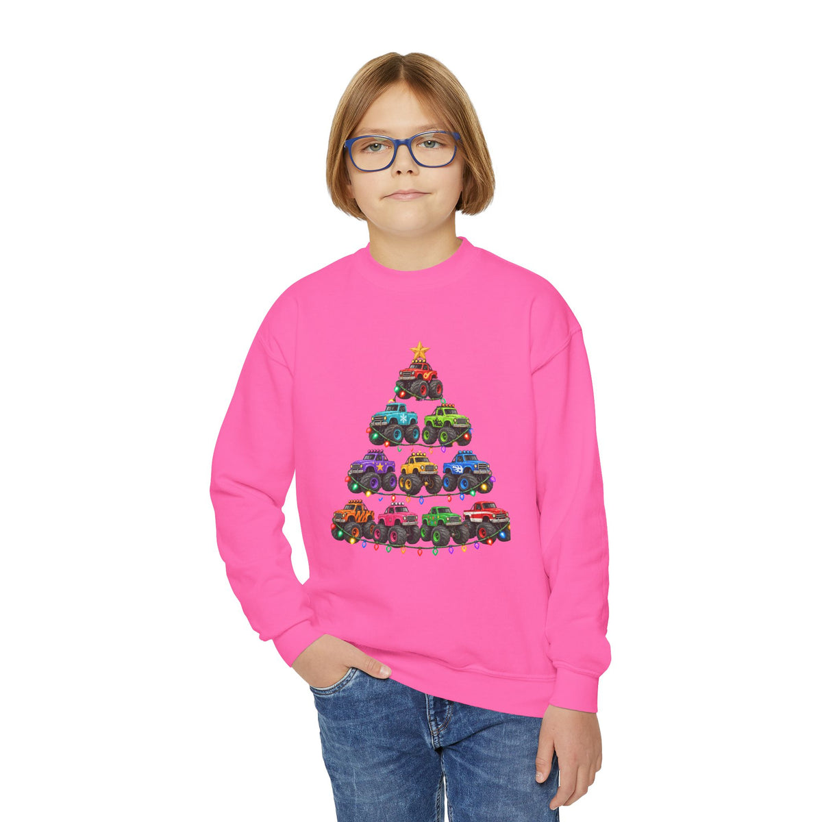 Youth Crewneck Sweatshirt — Colorful Monster Truck Christmas Tree Holiday Sweatshirt