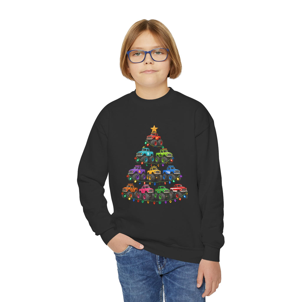 Youth Crewneck Sweatshirt — Colorful Monster Truck Christmas Tree Holiday Sweatshirt