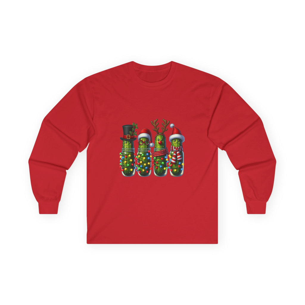 Long Sleeve Tee - Christmas Pickle Family with Santa Hat & Reindeer Holiday Design