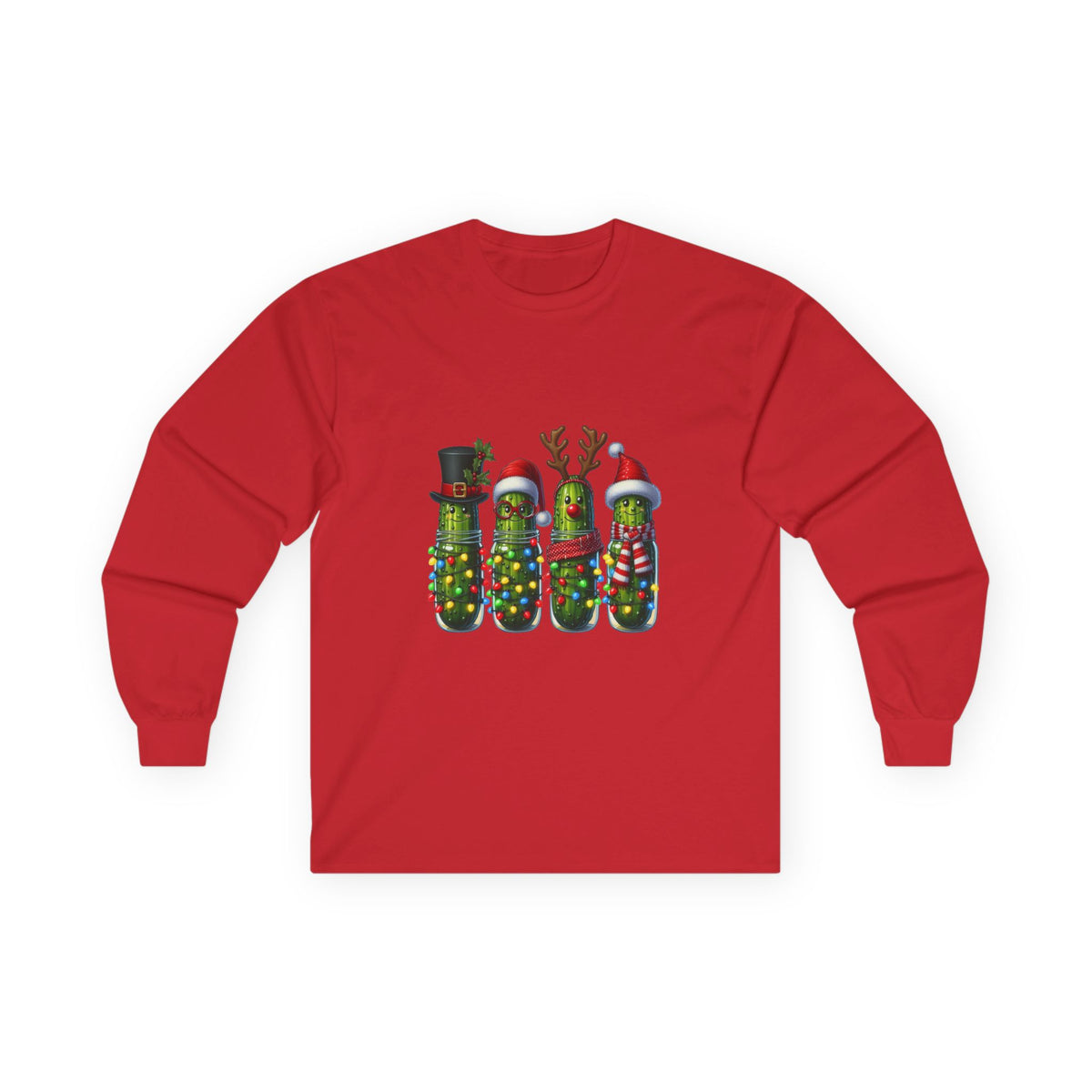 Long Sleeve Tee - Christmas Pickle Family with Santa Hat & Reindeer Holiday Design
