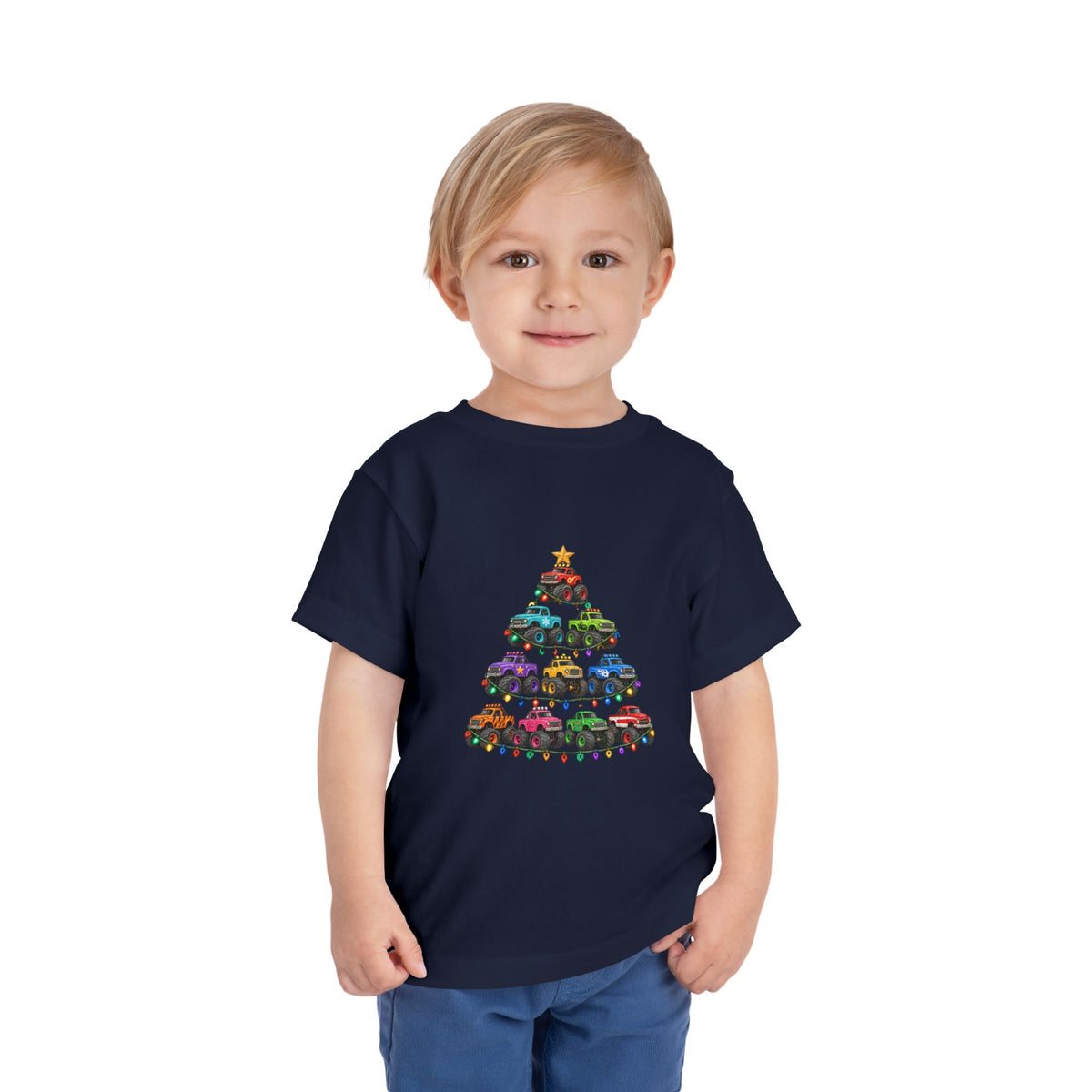 Toddler Tee — Colorful Monster Truck Christmas Tree Holiday Shirt