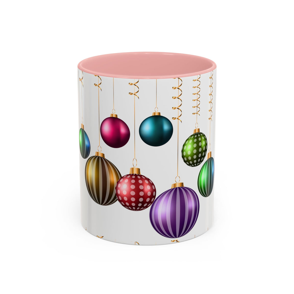 Holiday Ornament Accent Coffee Mug — Colorful Hanging Baubles 11/15oz