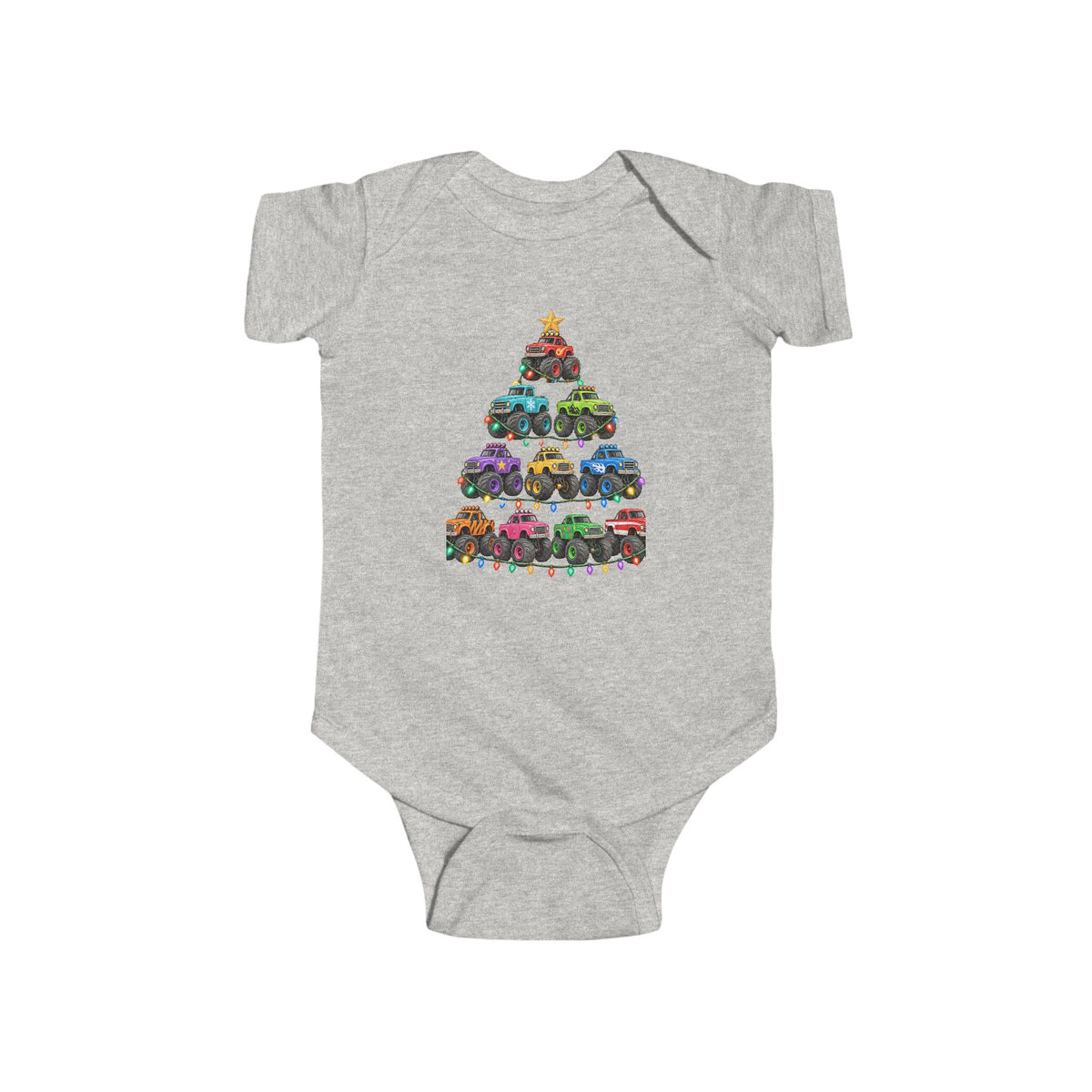 Baby Bodysuit — Colorful Monster Truck Christmas Tree Holiday Onesie